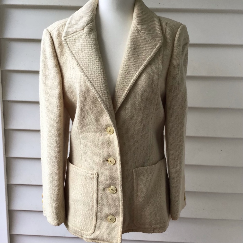 Anne Klein Wool Textured Blazer Womens Sz 12 Cream VTG 70s Union Made in USA